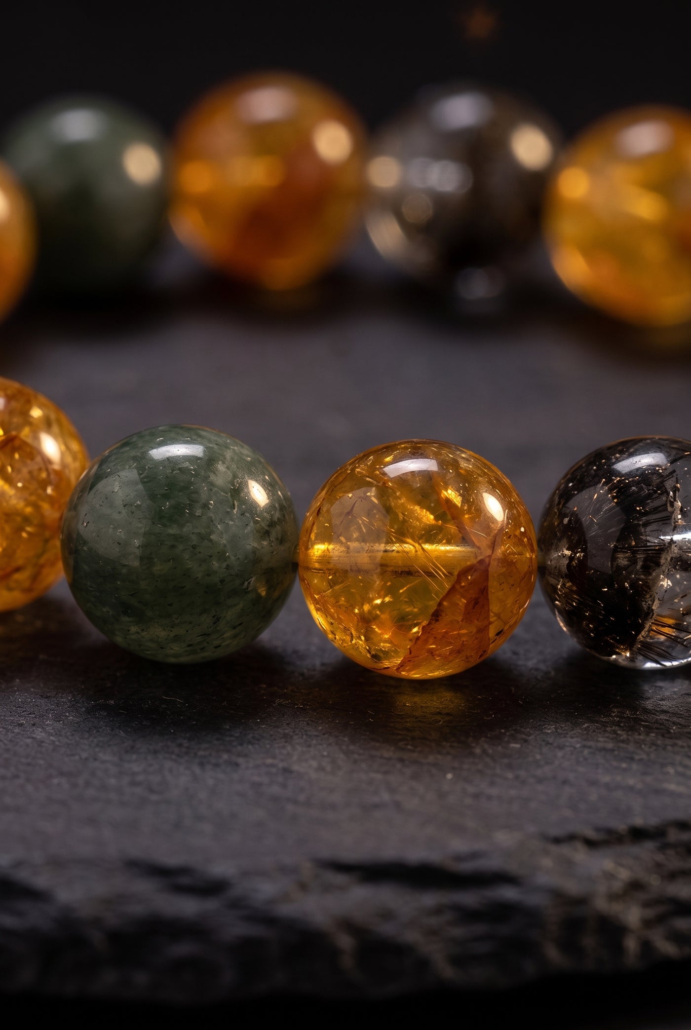 Moss & Amber — bead texture detail