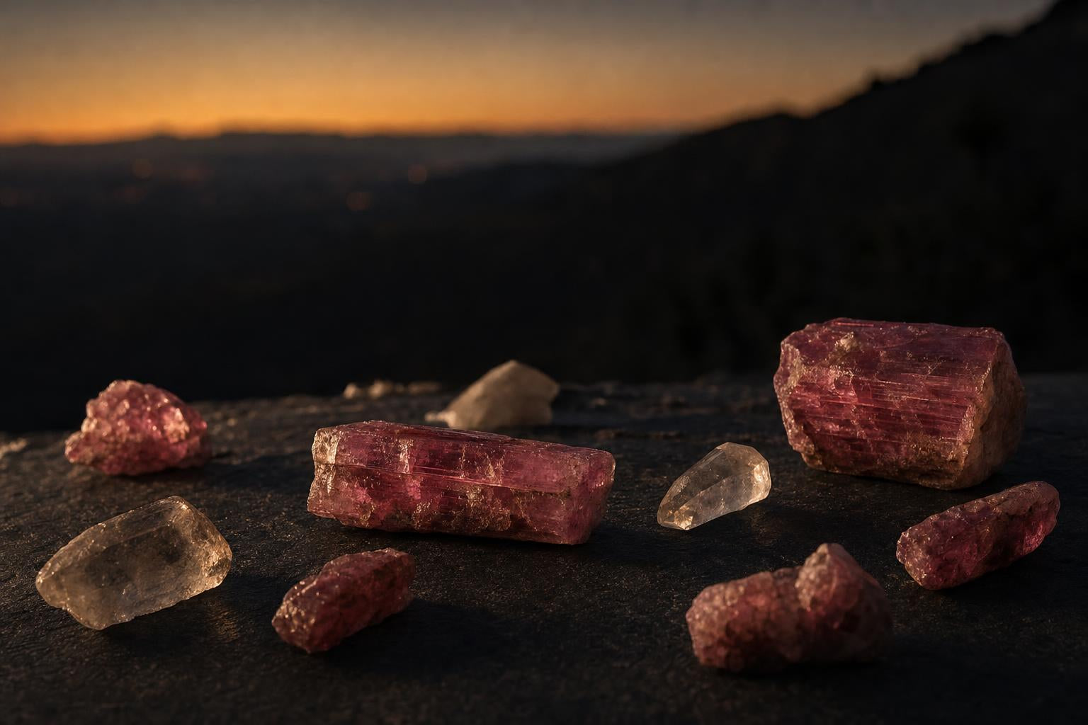 Raw pink tourmaline and quartz on dark stone at dusk