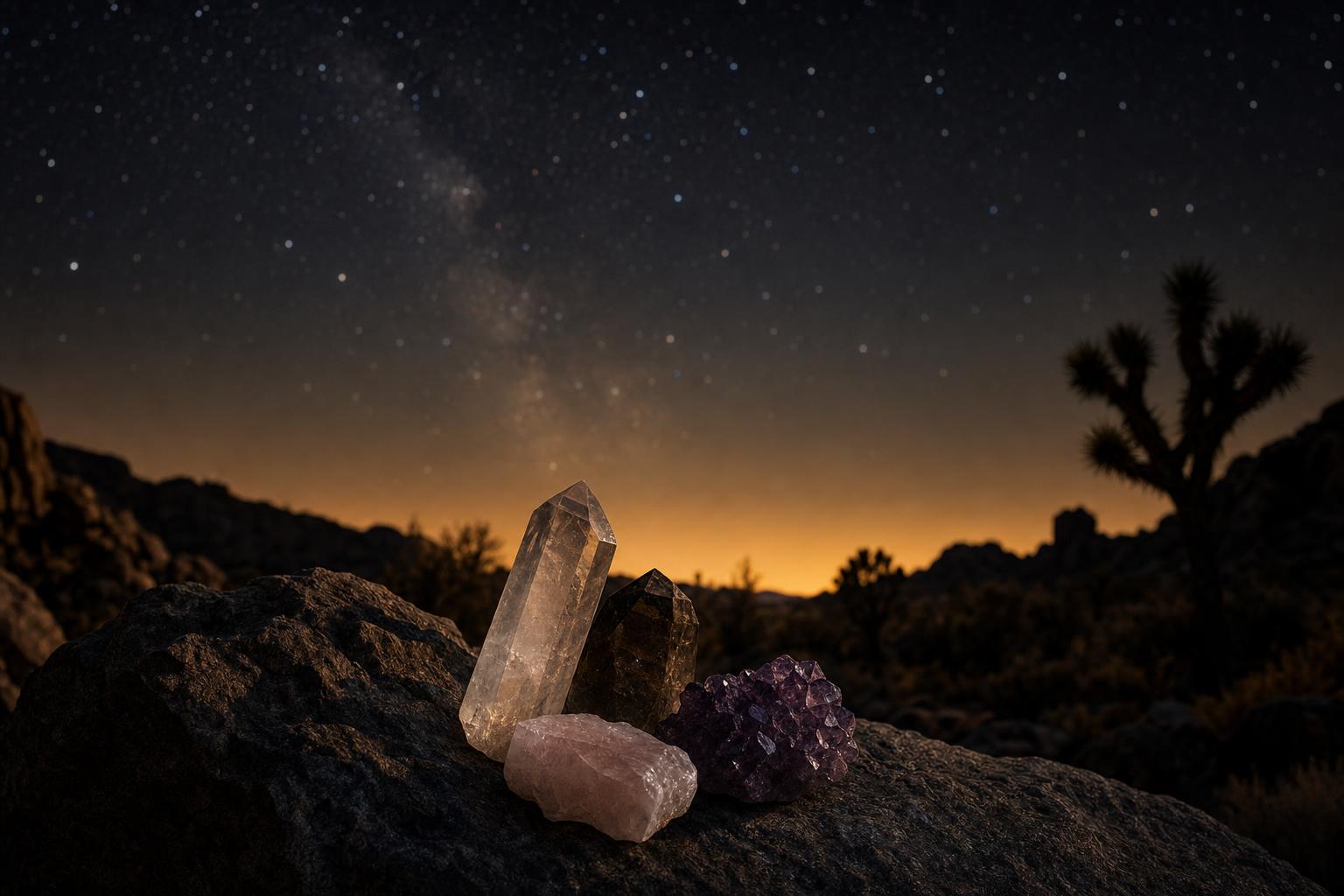 Crystals under a desert night sky at dusk
