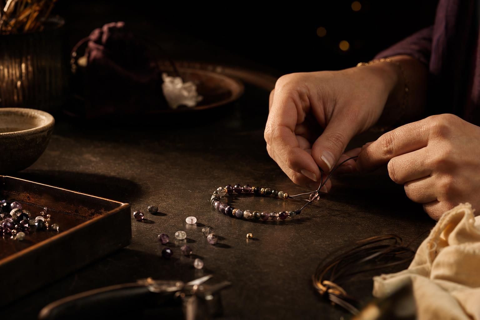 A maker knotting a crystal bracelet in a Los Angeles studio