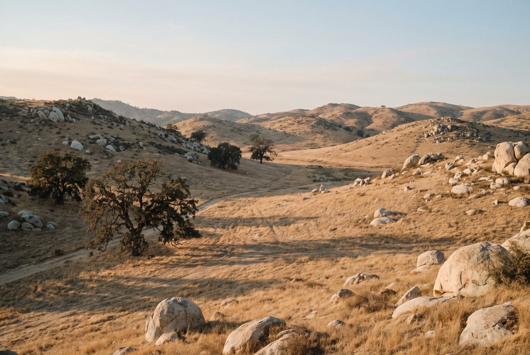The dry golden hills of northern San Diego County in late afternoon