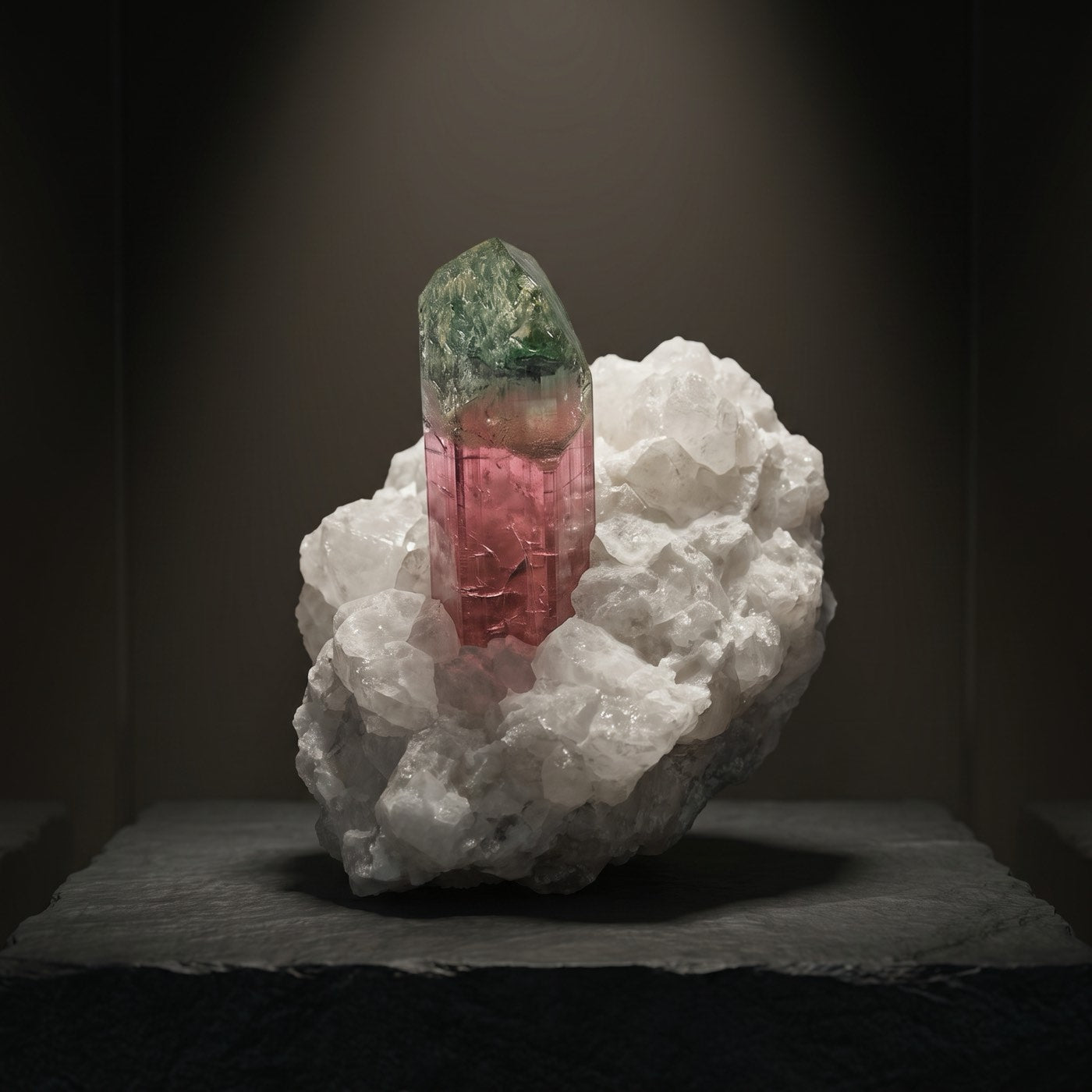 A raw pink tourmaline crystal on matrix, lit inside a dim display case