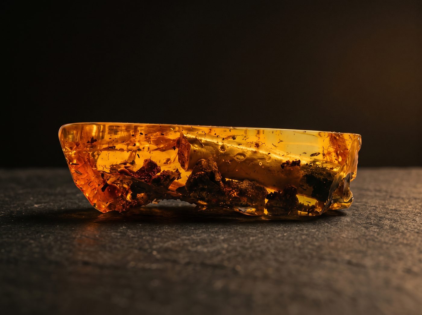 Amber rough specimen on dark stone