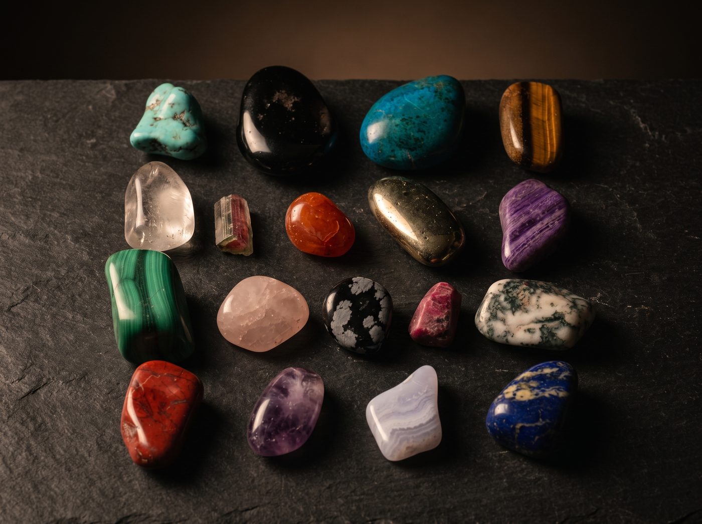 Assorted Gemstones rough specimen on dark stone