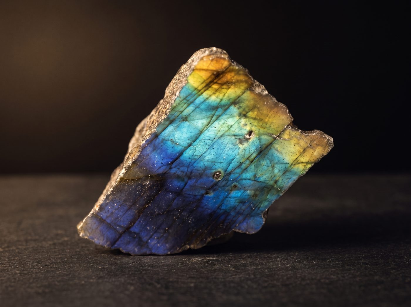 Labradorite rough specimen on dark stone