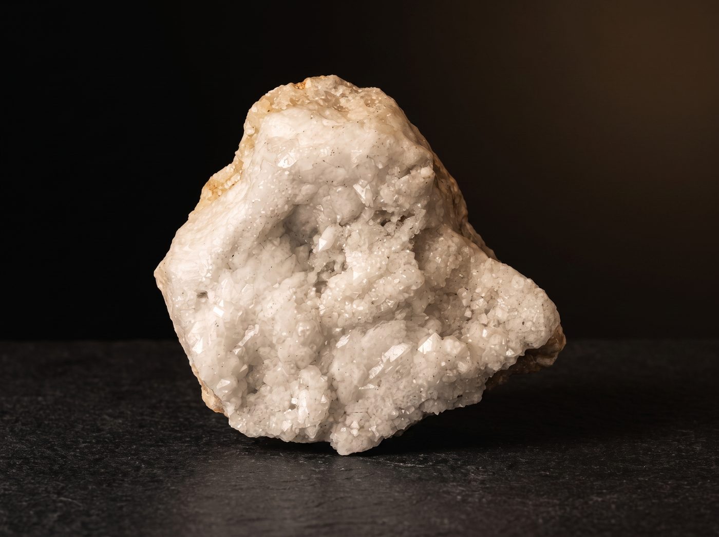 Milky Quartz rough specimen on dark stone