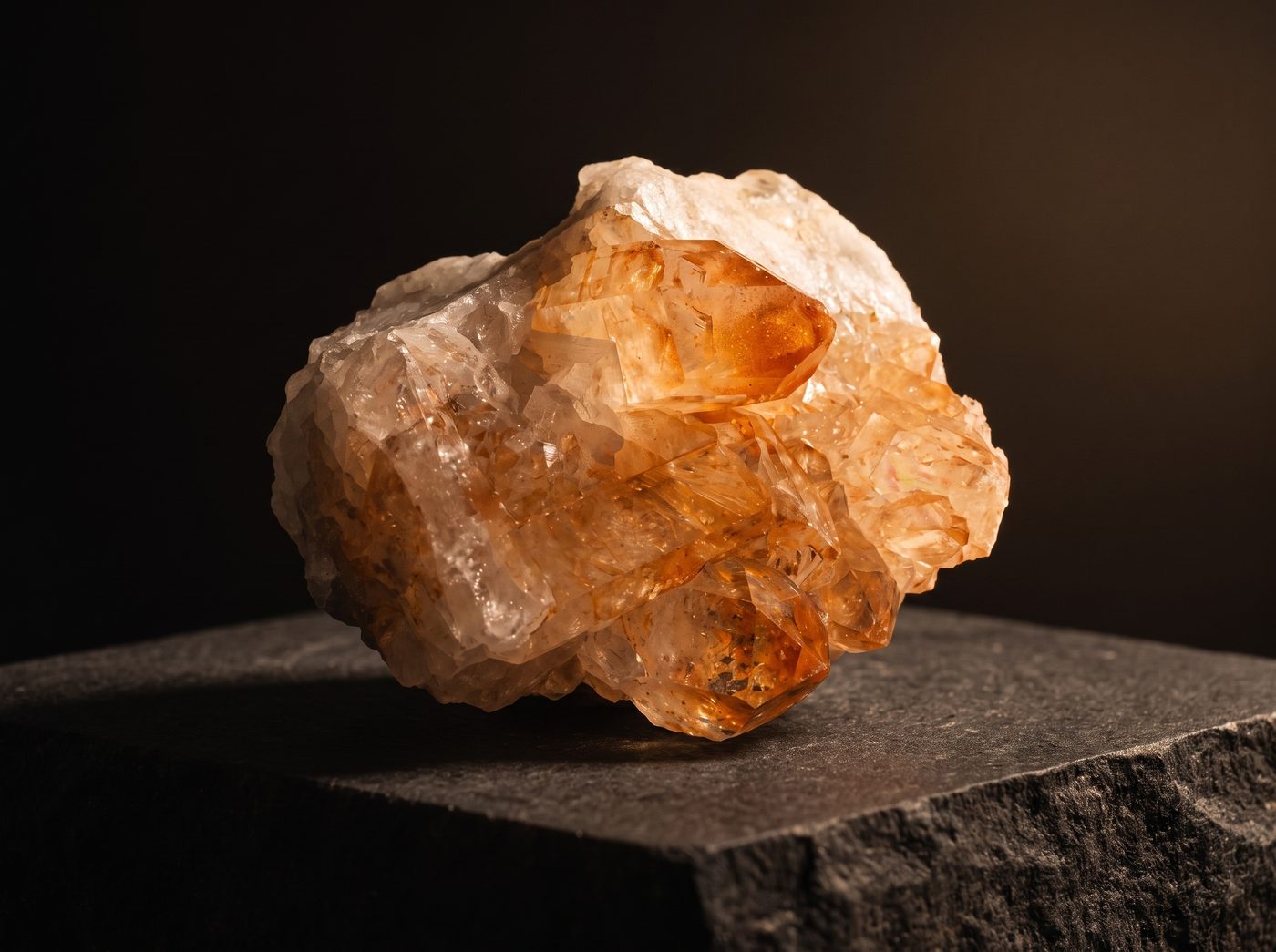 Orange Quartz rough specimen on dark stone