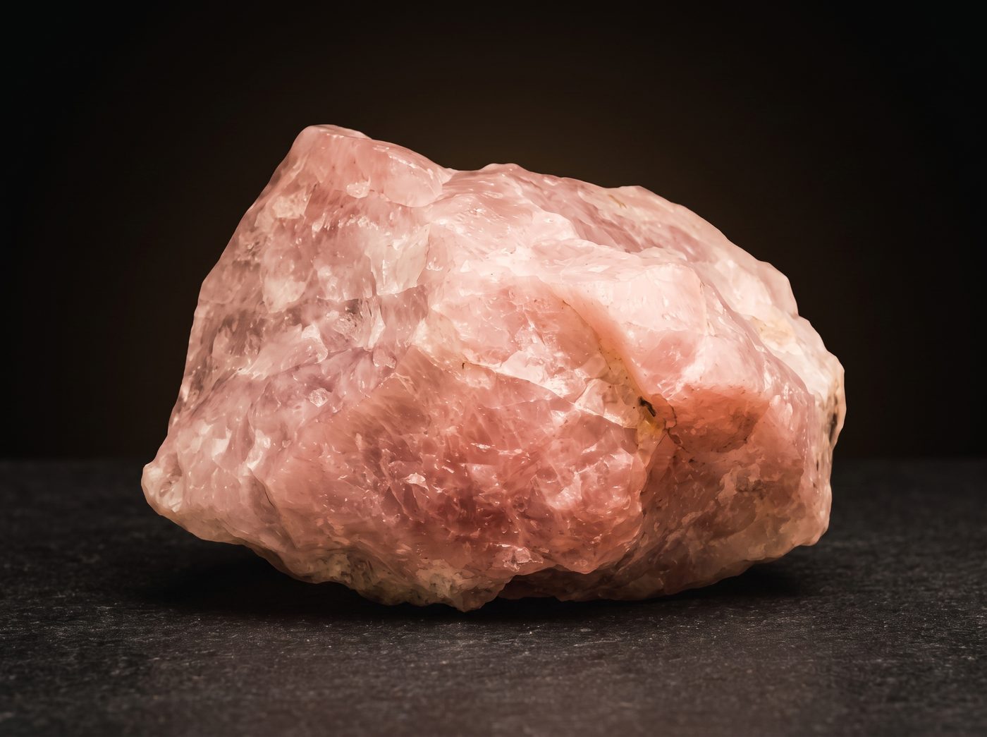 Rose Quartz rough specimen on dark stone