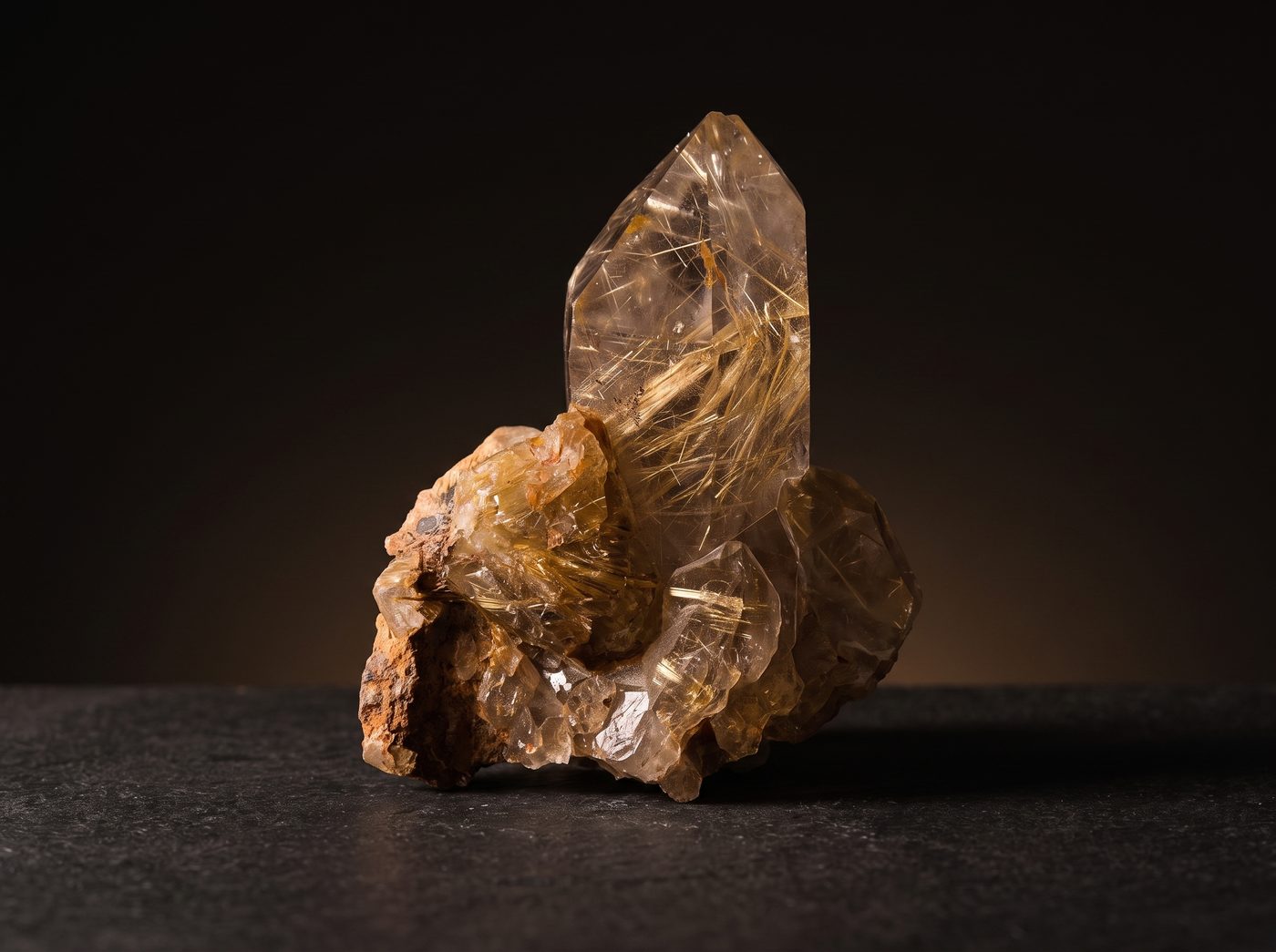 Golden Rutilated Quartz on dark stone