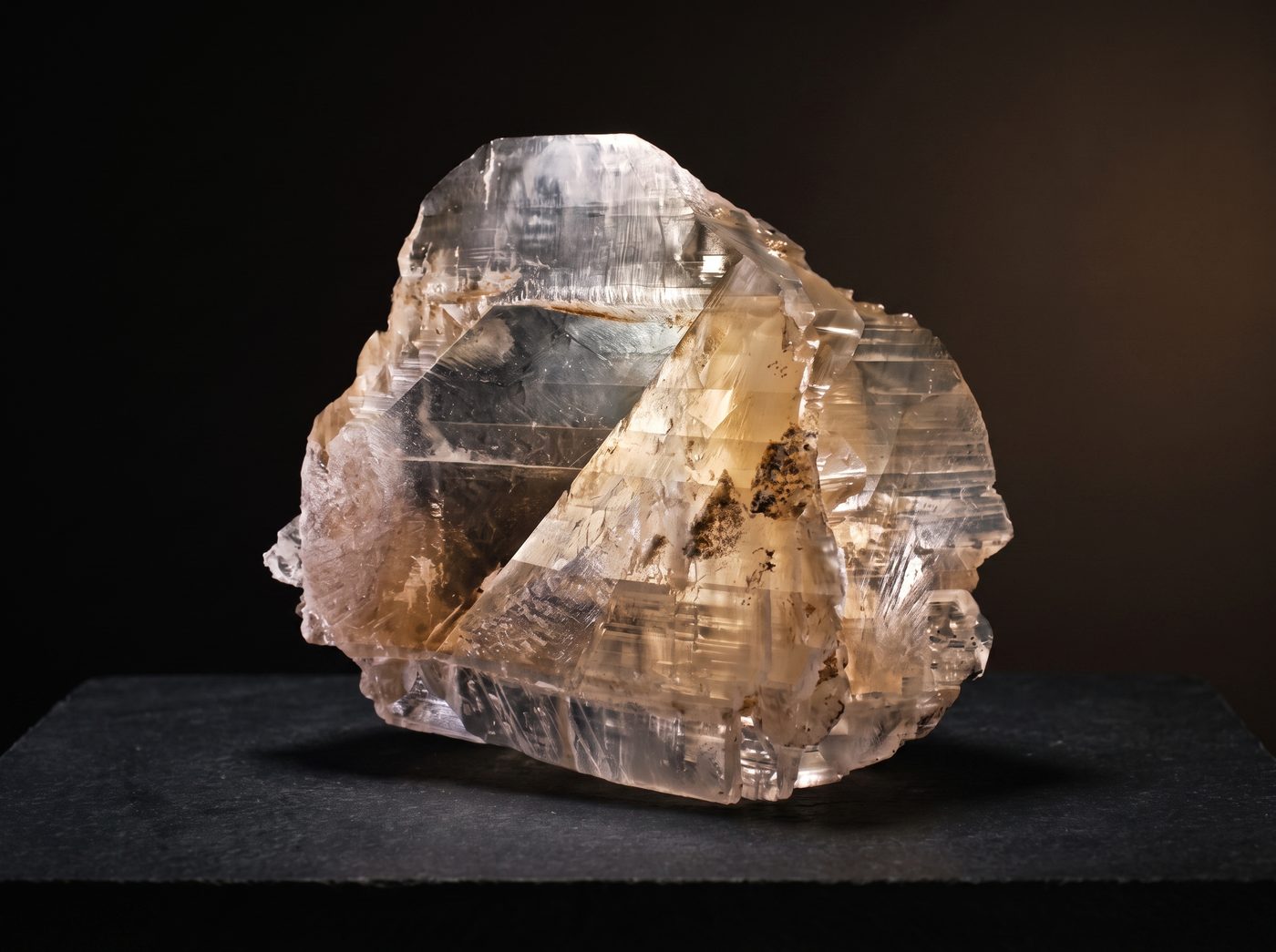 Selenite rough specimen on dark stone
