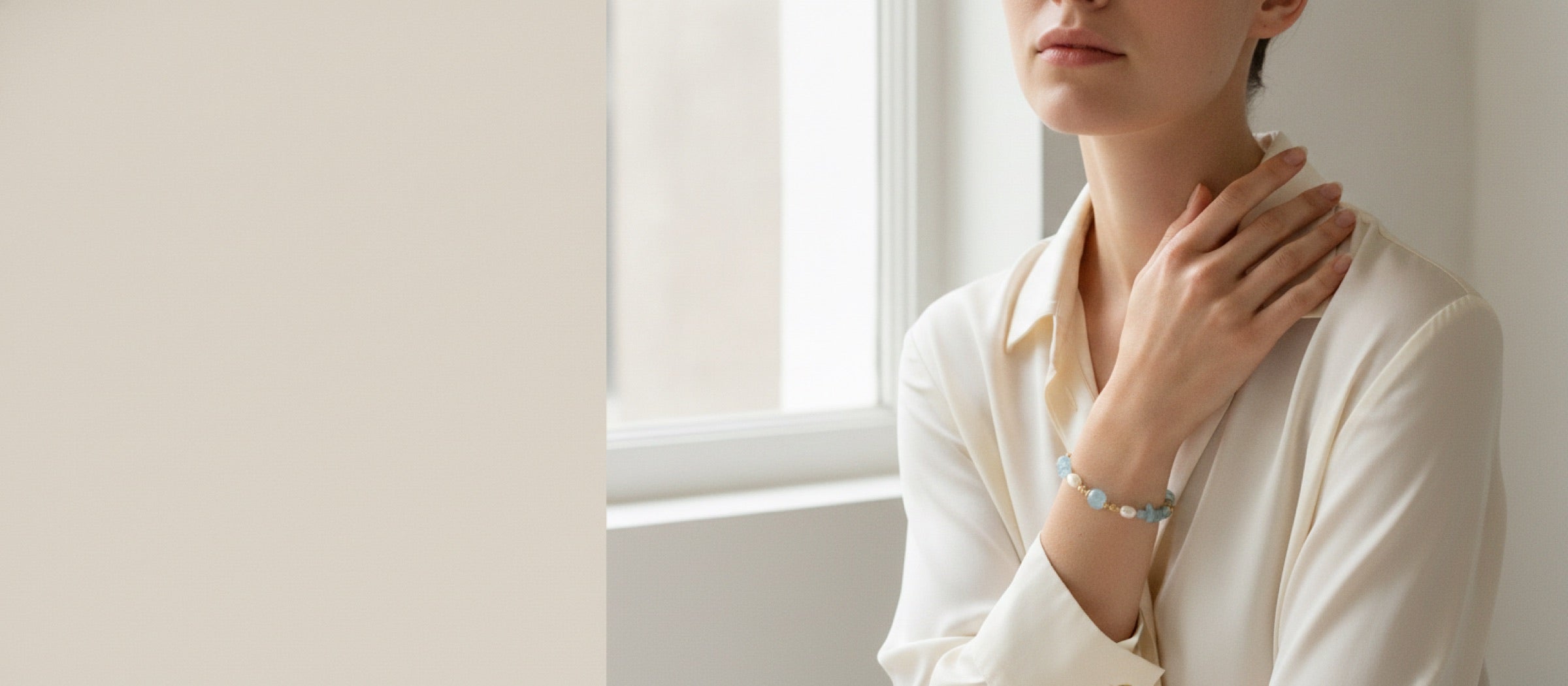A wrist wearing a Dusk & Relic bracelet in morning window light